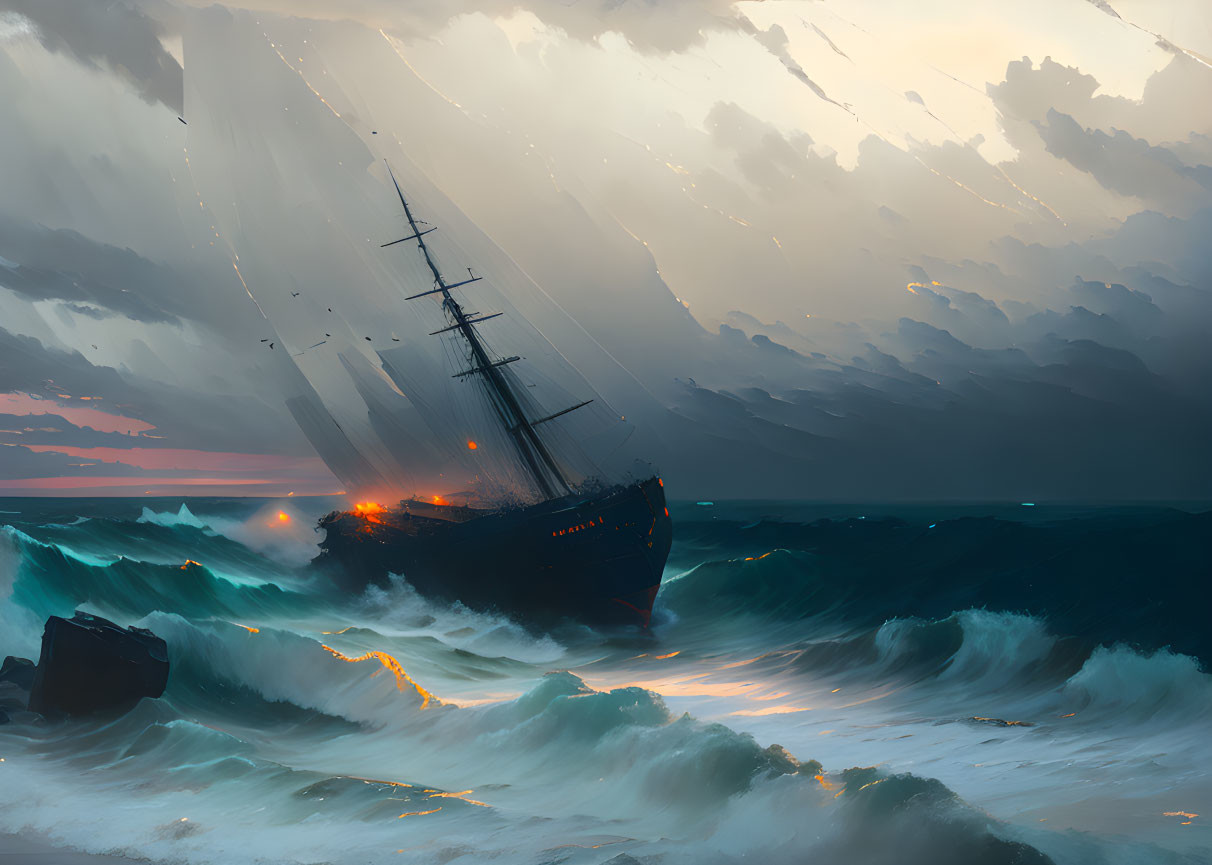 Sailing ship in stormy seas at sunset with fiery lights and crashing waves