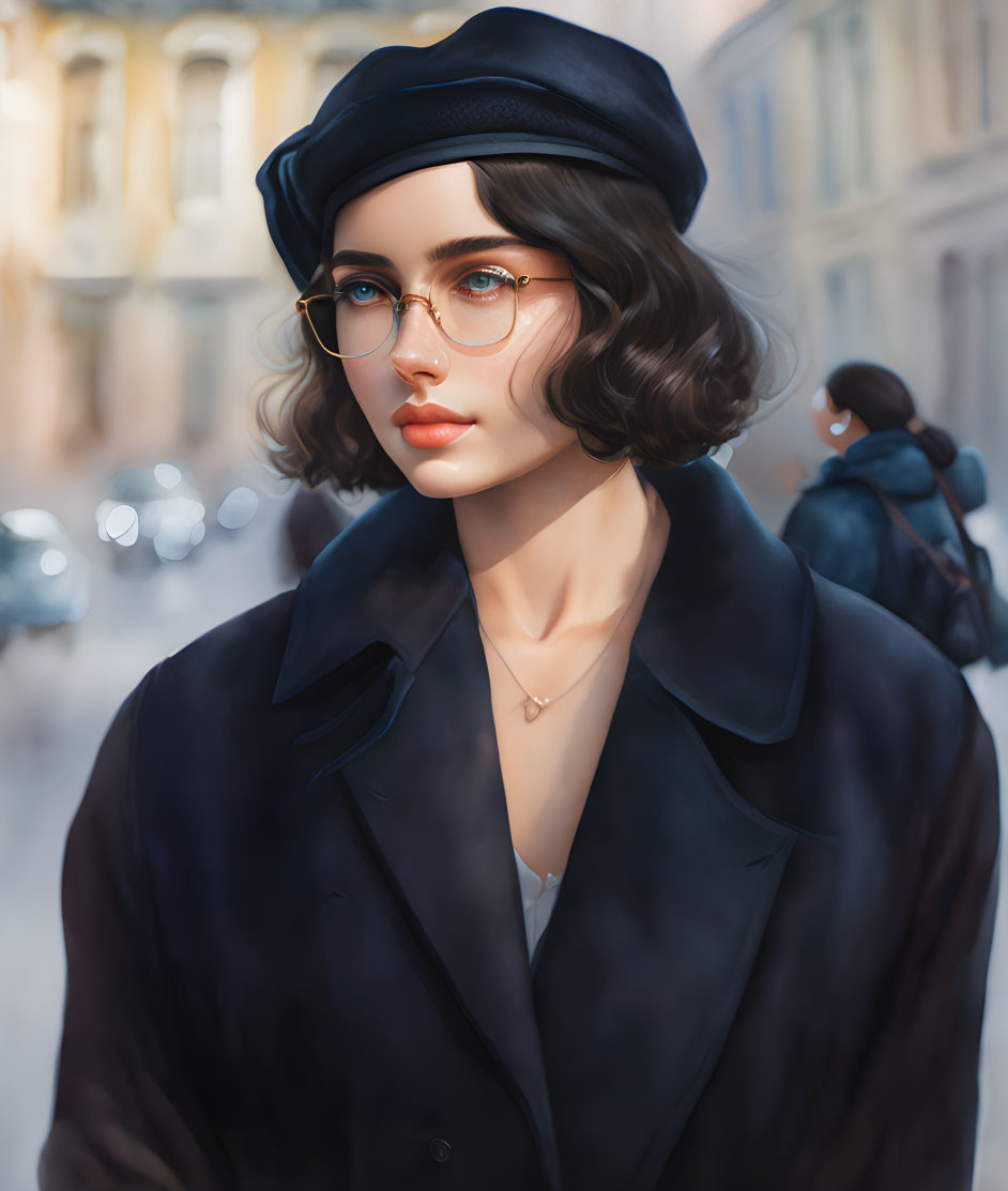 Digital Art Portrait of Woman in Beret and Round Glasses Against City Street Background