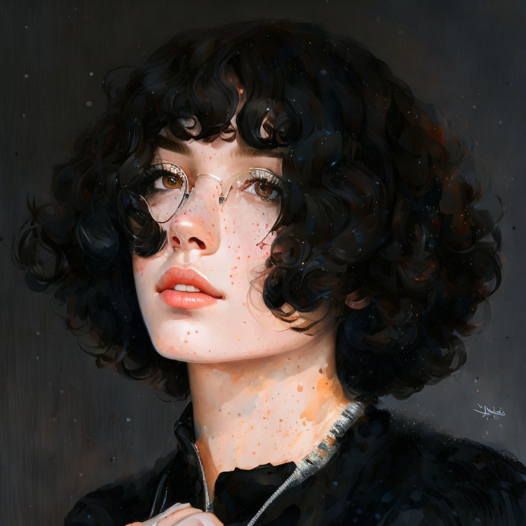 Portrait of a person with curly black hair, round glasses, freckles, and dark garment.