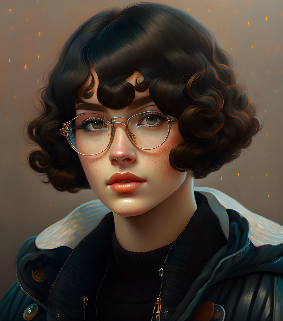 Young woman with curly bob hair, glasses, earphones, and jacket in digital portrait