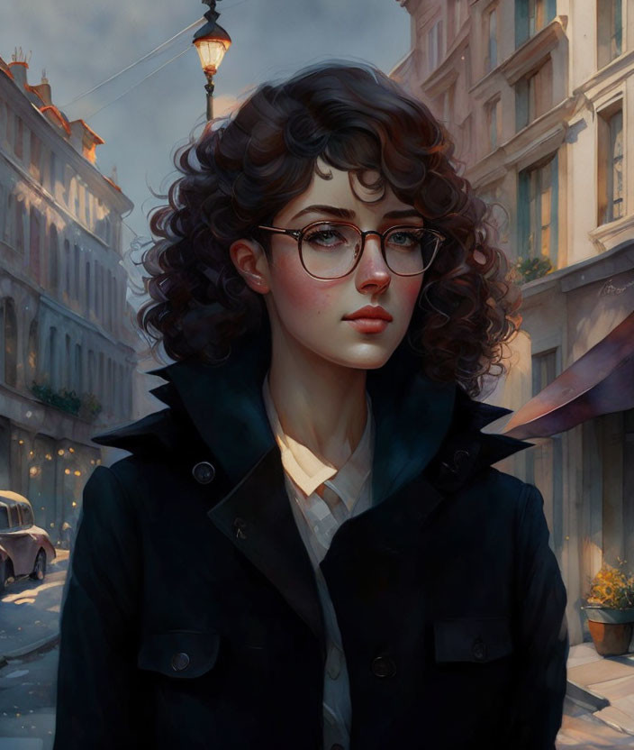 Curly-Haired Woman in Glasses Contemplates City Street Scene