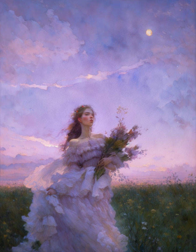 Woman in flowing gown with flowers in twilight field under hazy moon