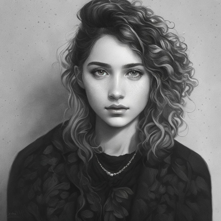 Monochrome portrait of woman with curly hair and leaf-patterned outfit