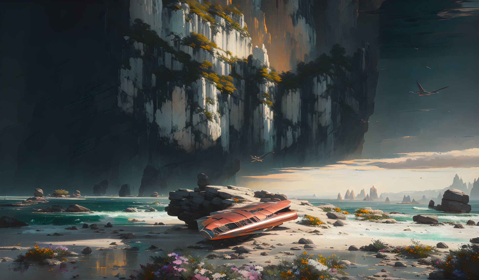 Deserted beach scene with crashed bus, rocks, flowers, cliffs, and birds