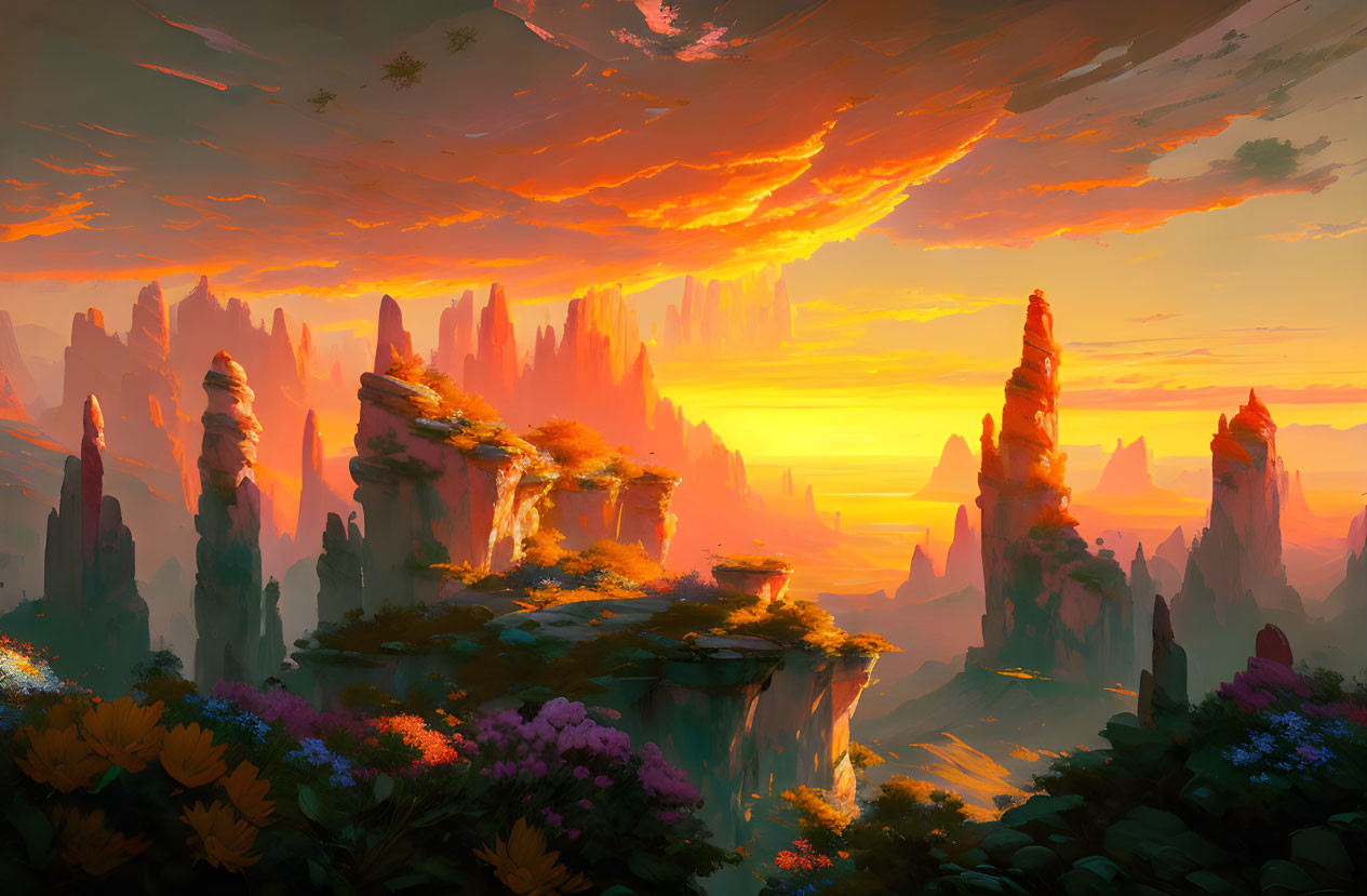 Majestic sunset landscape with towering rock formations