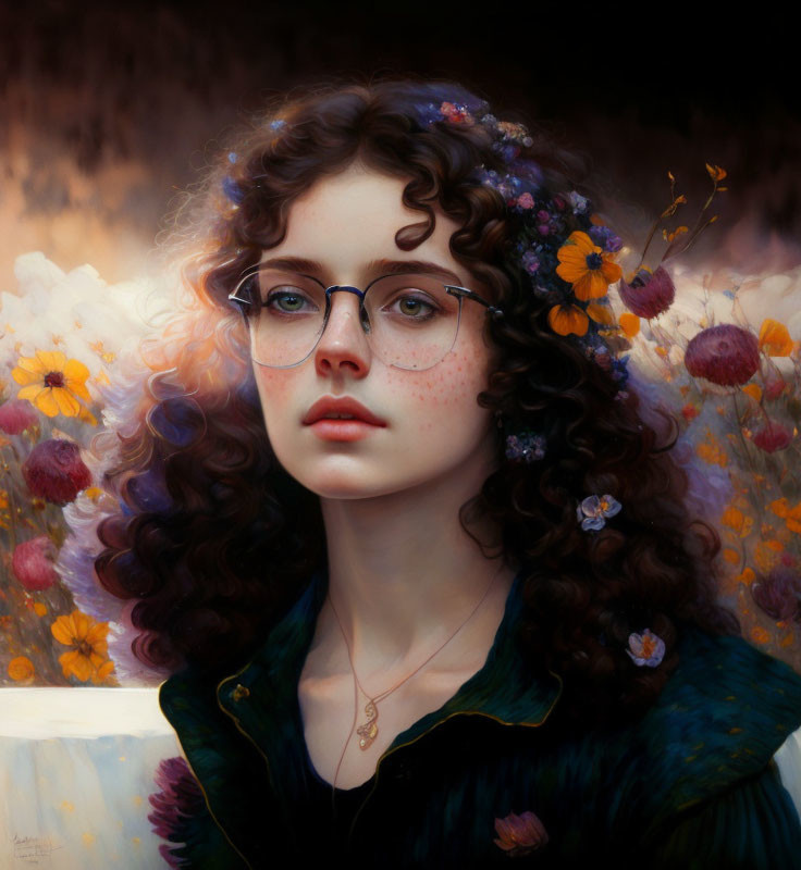 Curly-haired Woman with Glasses and Freckles in Green Coat Surrounded by Colorful Flowers