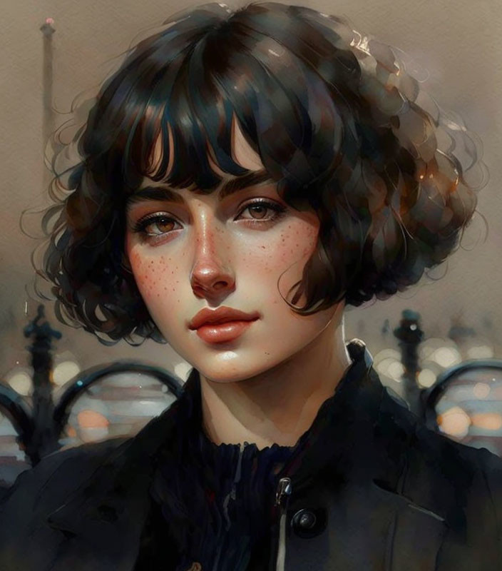 Young woman digital portrait with short curly black hair and freckles, dark coat, and blurry city