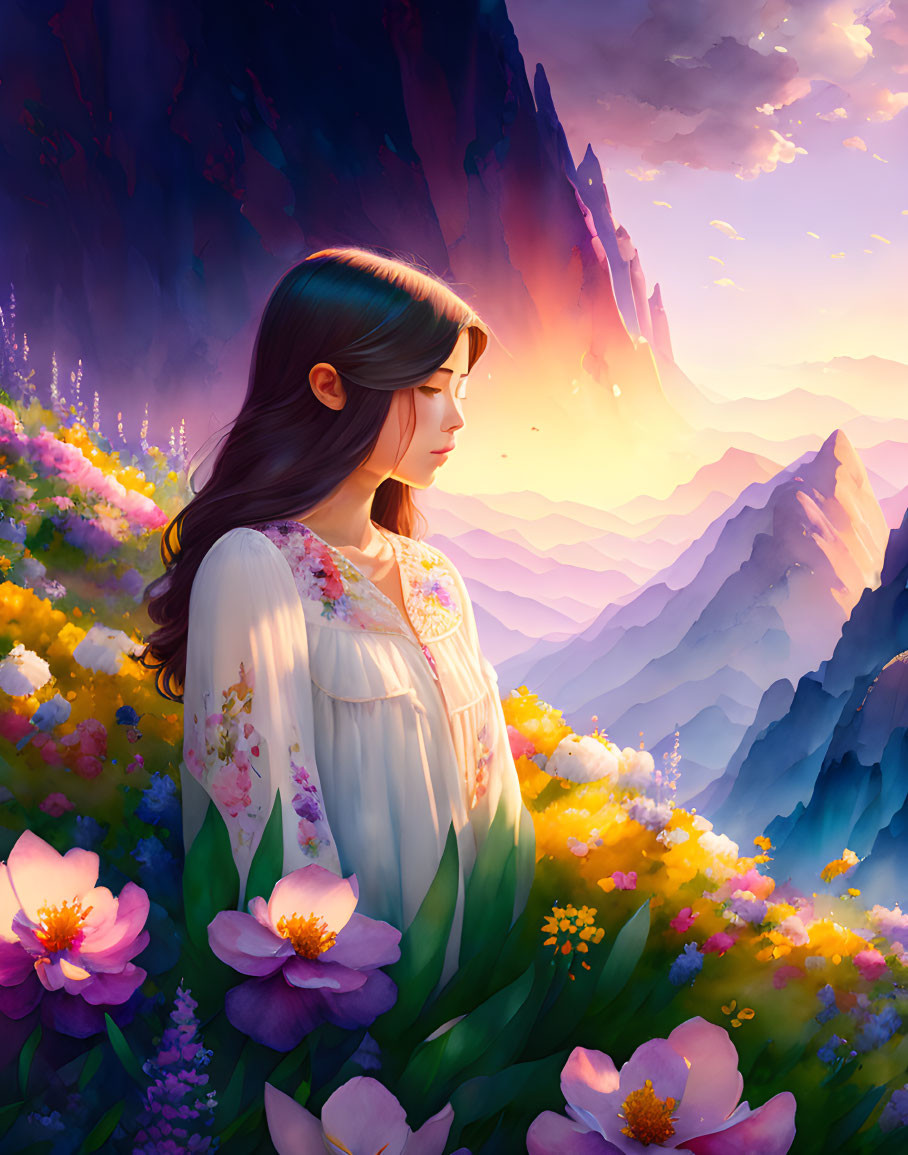 Woman in White Floral Dress Surrounded by Flowers and Majestic Mountain Range at Sunset