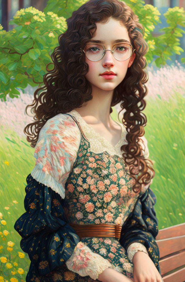 Digital artwork: Young woman with curly hair and glasses on bench in lush floral setting.