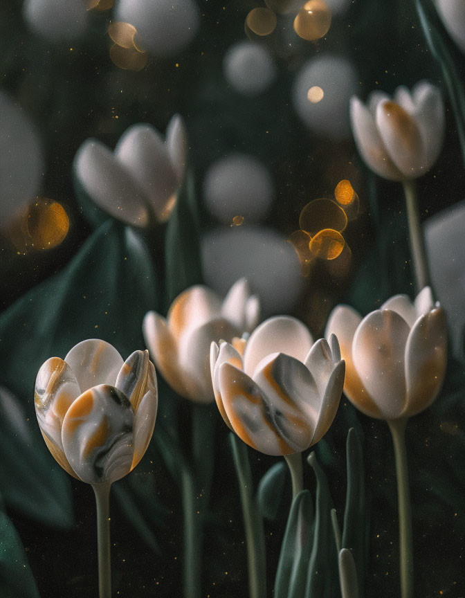 Creamy white tulips up close against dark background with sparkling bokeh.