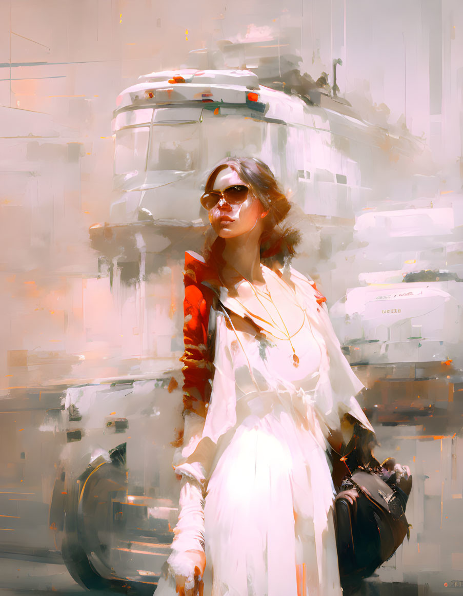 Stylized image of woman in sunglasses and white dress with red jacket, vintage bus background