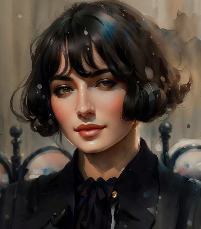 Digital painting: Woman with bob haircut, soft features, dark blouse, subtle makeup, softly lit ambiance