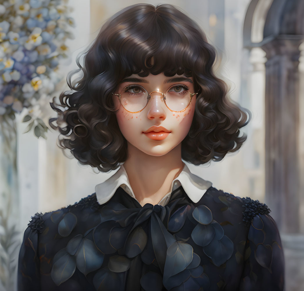 Portrait of girl with curly hair, round glasses, freckles, in dark blouse against classical architecture