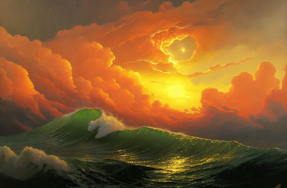 Colorful painting of stormy seascape under dramatic sunset