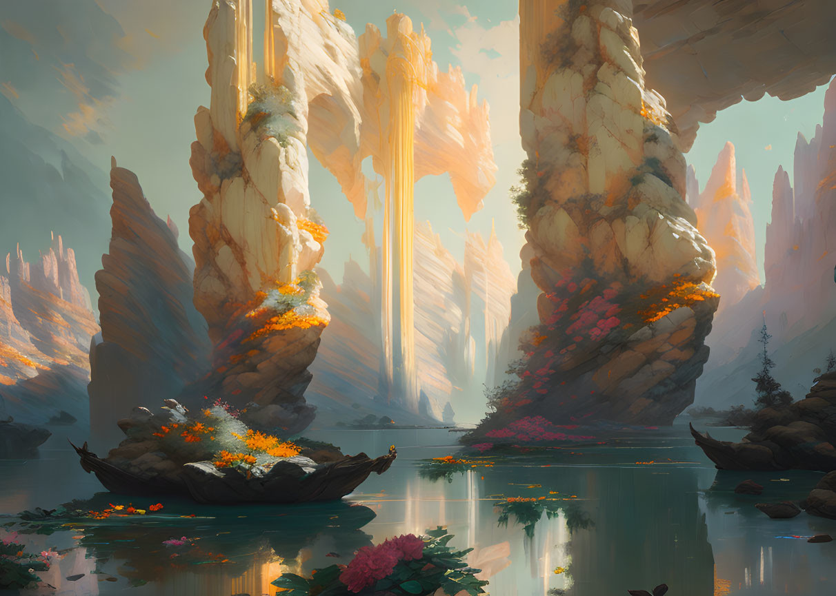 Tranquil landscape with cliffs, river, flower boat, and misty sunlight