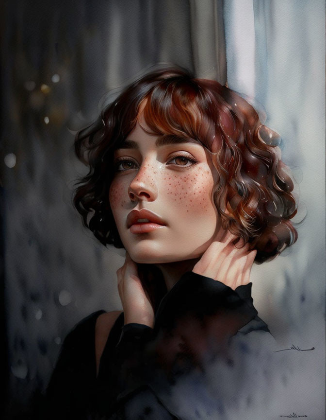 Pensive woman with short curly hair and freckles, raindrops on window