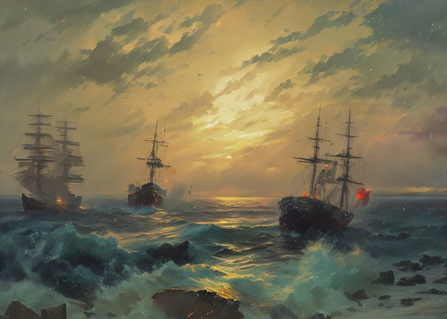 Tall ships sailing in stormy seas at sunset with golden glow