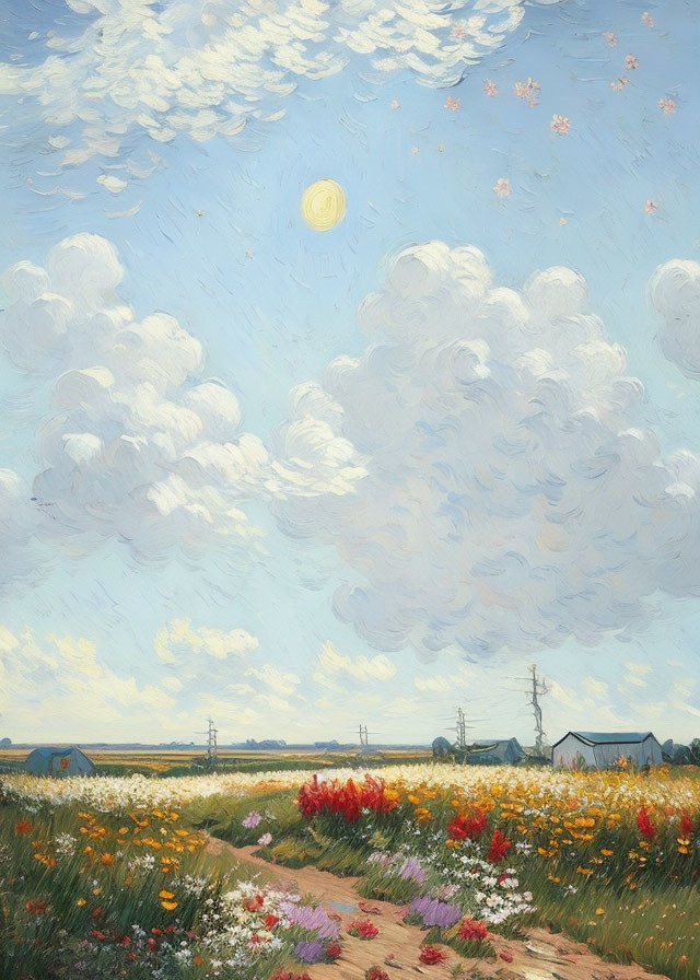 Colorful rural landscape painting under blue sky with fluffy clouds, sun, wildflowers, and distant buildings