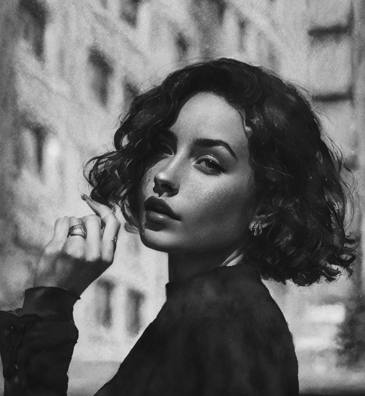 Monochrome portrait of woman with short curly hair and intense gaze.