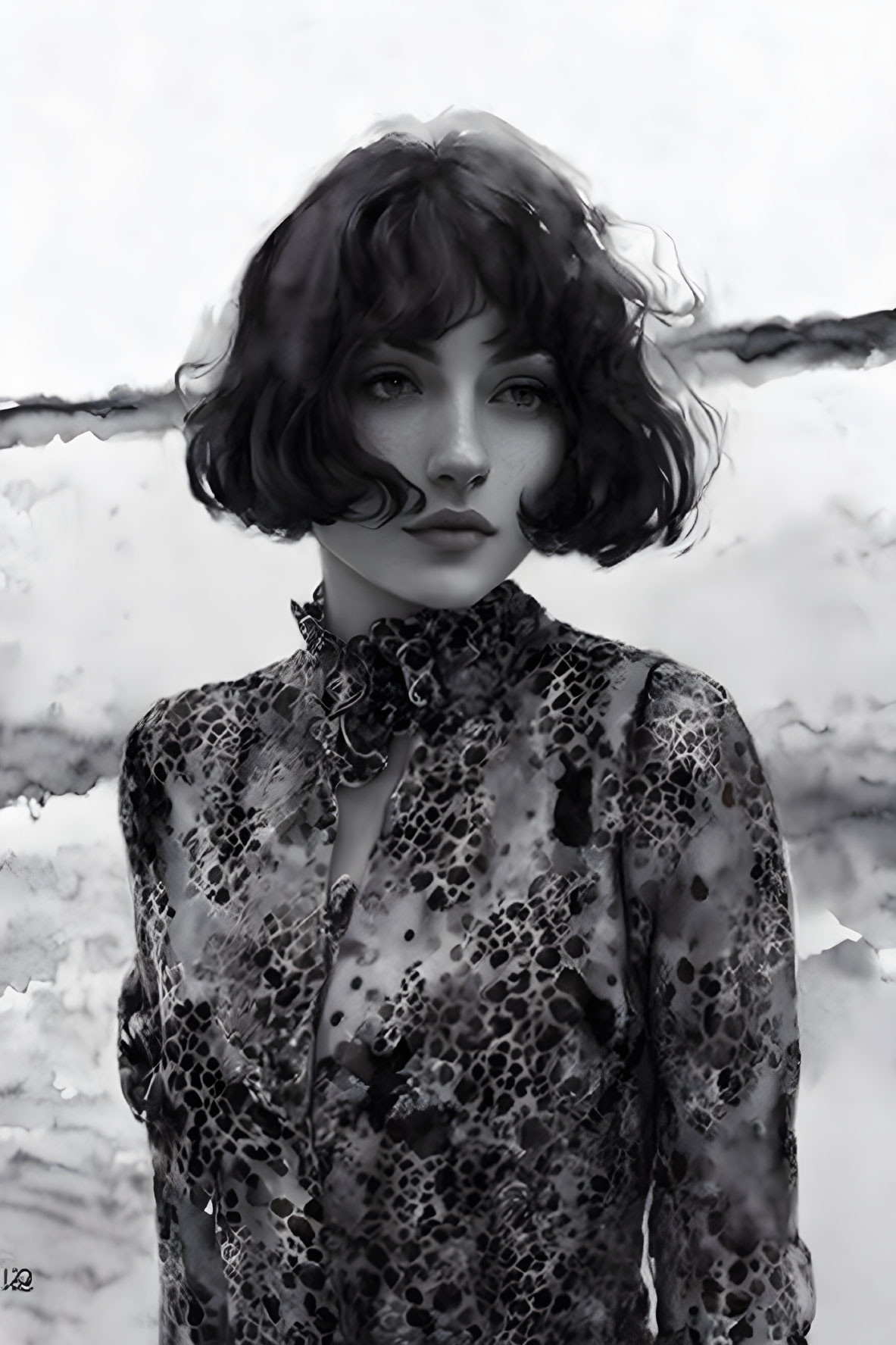 Monochrome portrait of woman with bob haircut and floral blouse