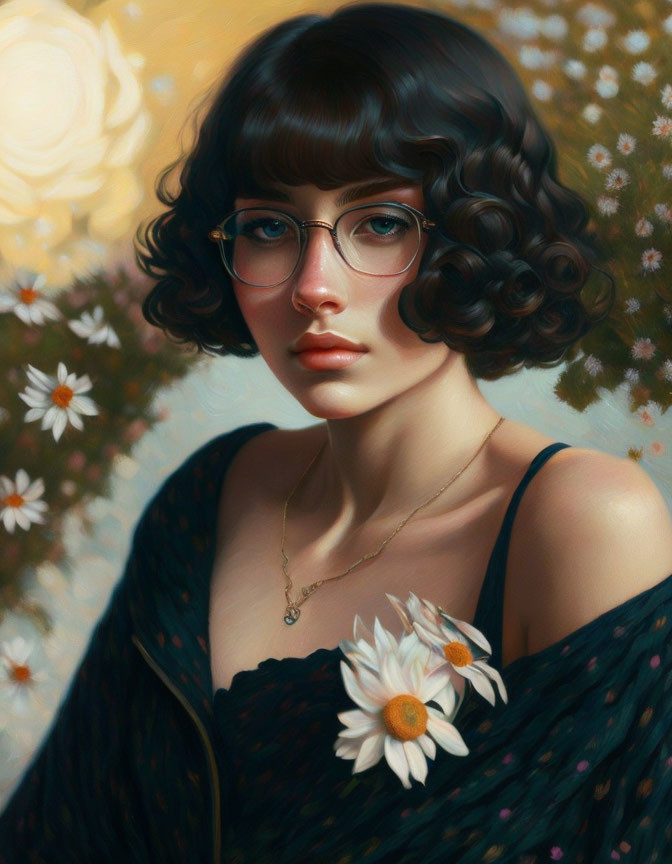 Curly Black Hair Woman Portrait with Daisy Necklace and Glasses