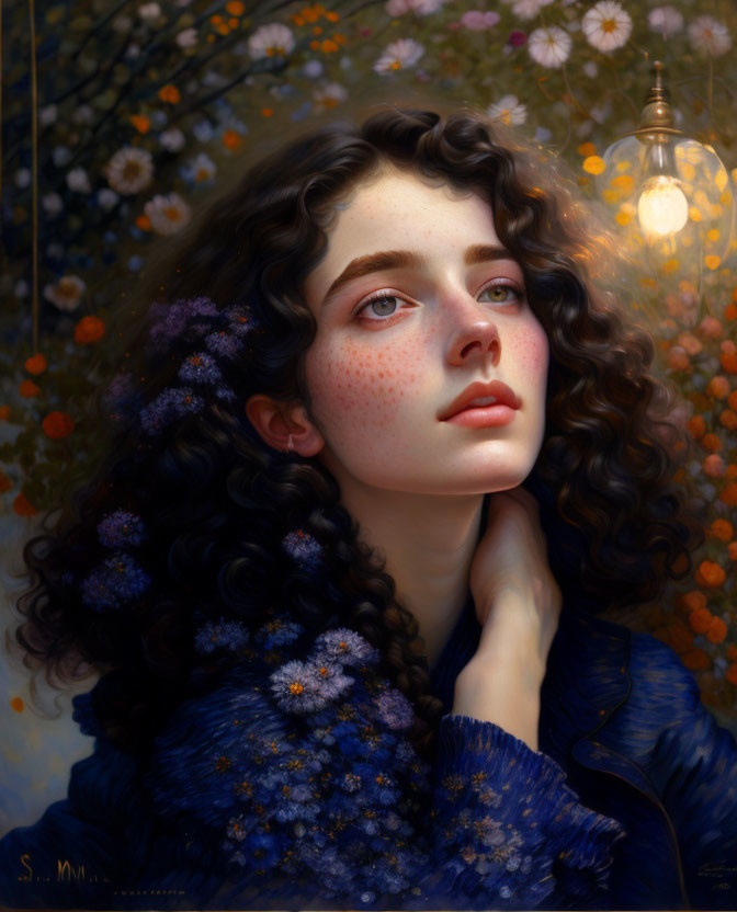 Portrait of a Woman with Curly Hair, Freckles, Flowers, and Glowing Lights