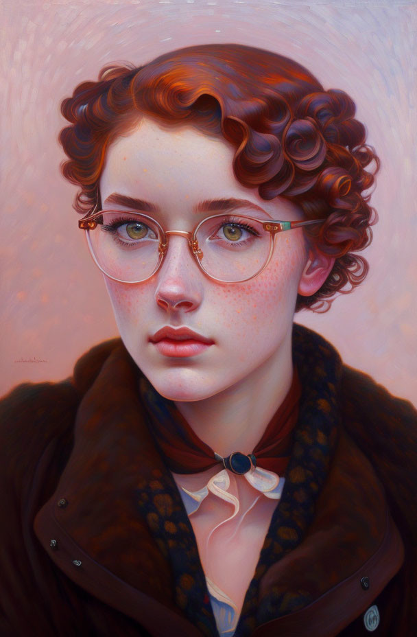 Young woman portrait with curly red hair, blue eyes, round glasses, brown coat, cream scarf,