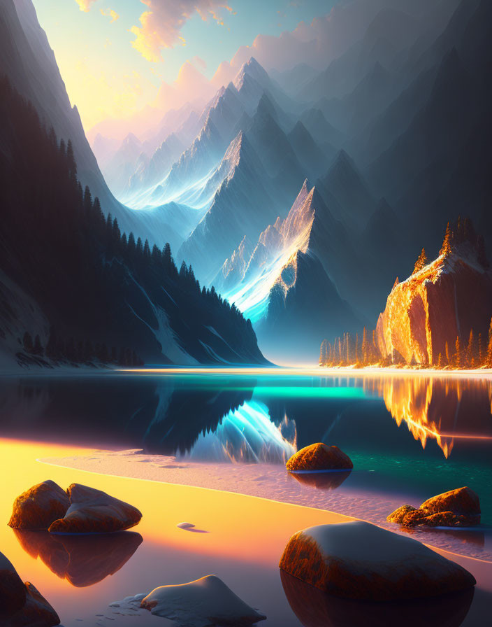 Tranquil sunset mountain landscape with reflective lake