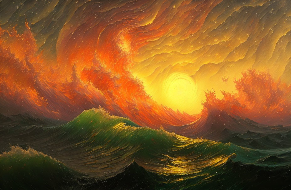 Dramatic digital painting of fiery sky over tumultuous sea waves