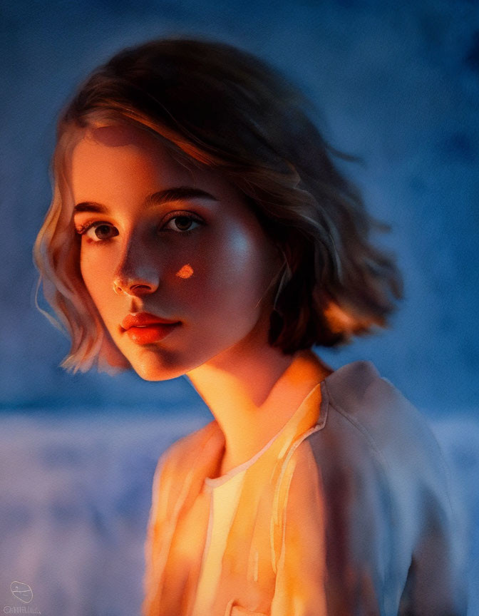 Portrait of young woman with short hair in warm light against cool blue background