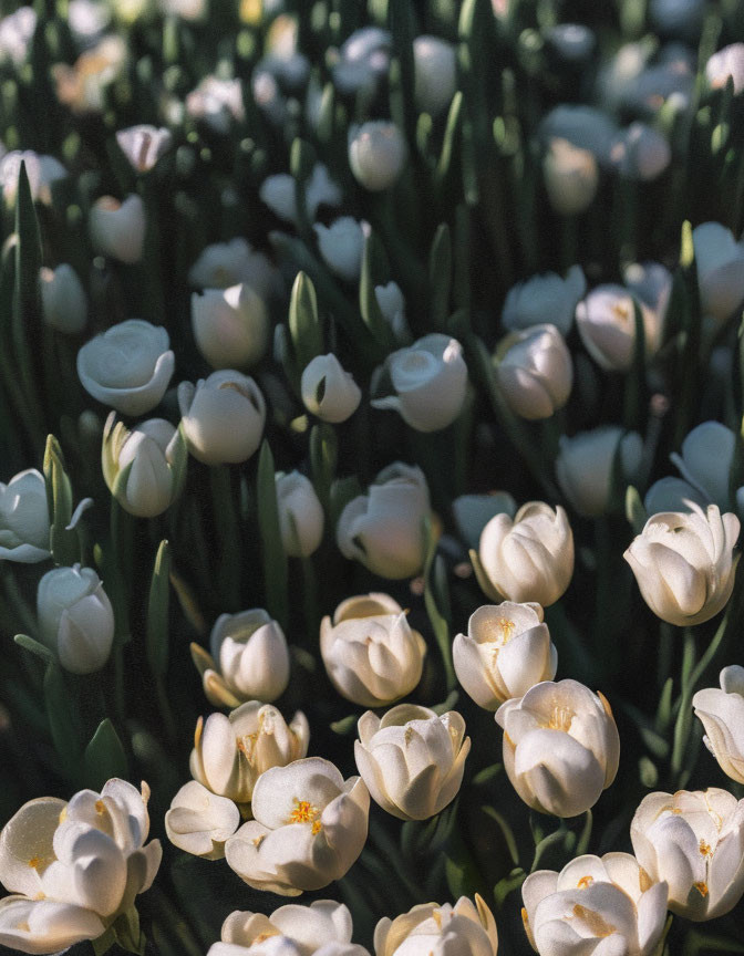 White tulips in bloom under sunlight with dark green leaves.