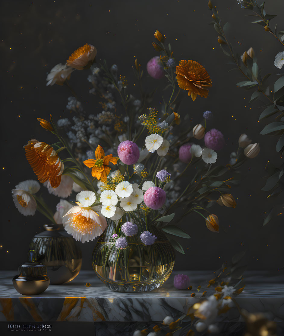 Various flowers in vases on marble surface with dark, moody background