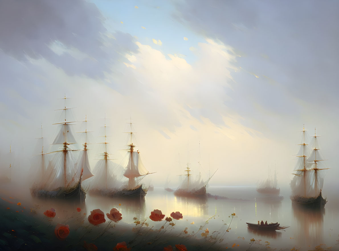 Sailing ships in misty sea with glowing sky and orange flowers