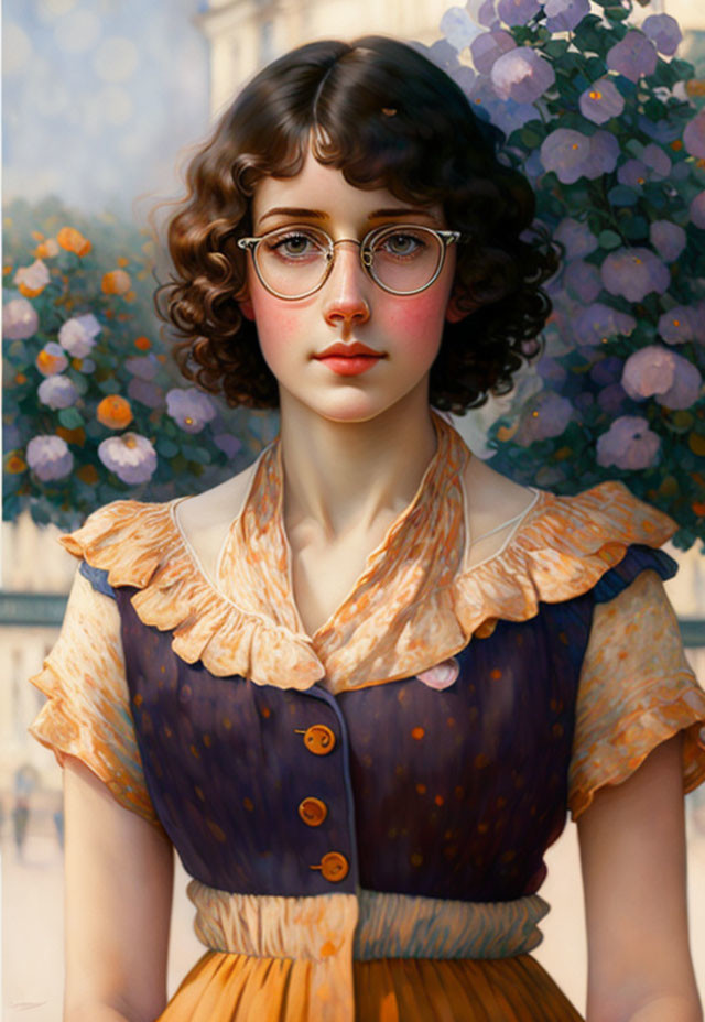 Portrait of young woman with curly brown hair and round glasses in vintage dress against floral backdrop