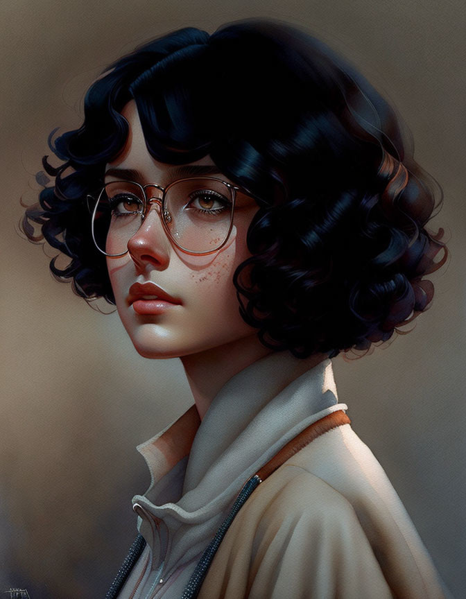 Digital artwork: Young woman with curly black hair, round glasses, freckles, beige collar shirt