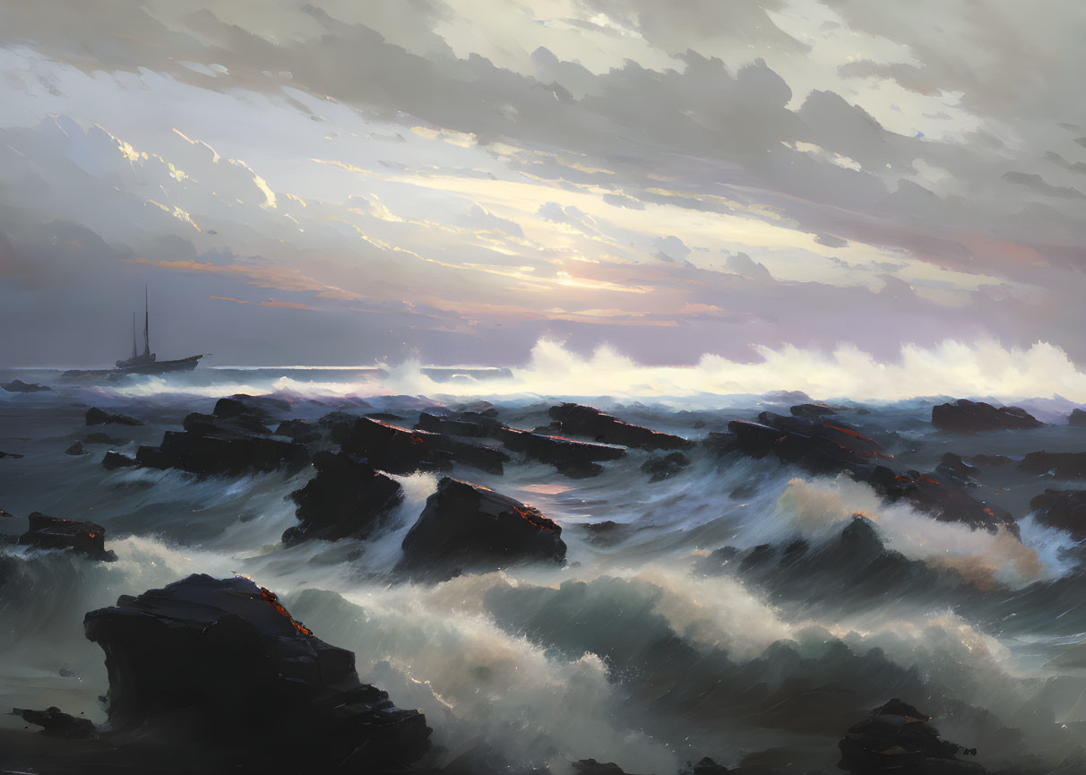 Stormy Seascape with Waves, Rocks, Sunset Sky, and Ship