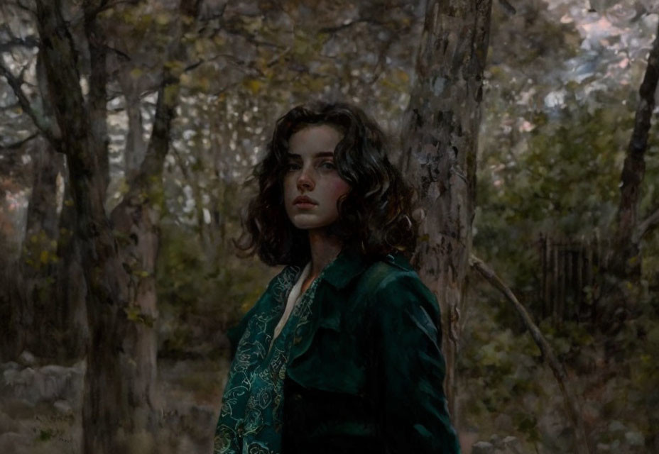 Dark-haired woman in green jacket standing in dim forest