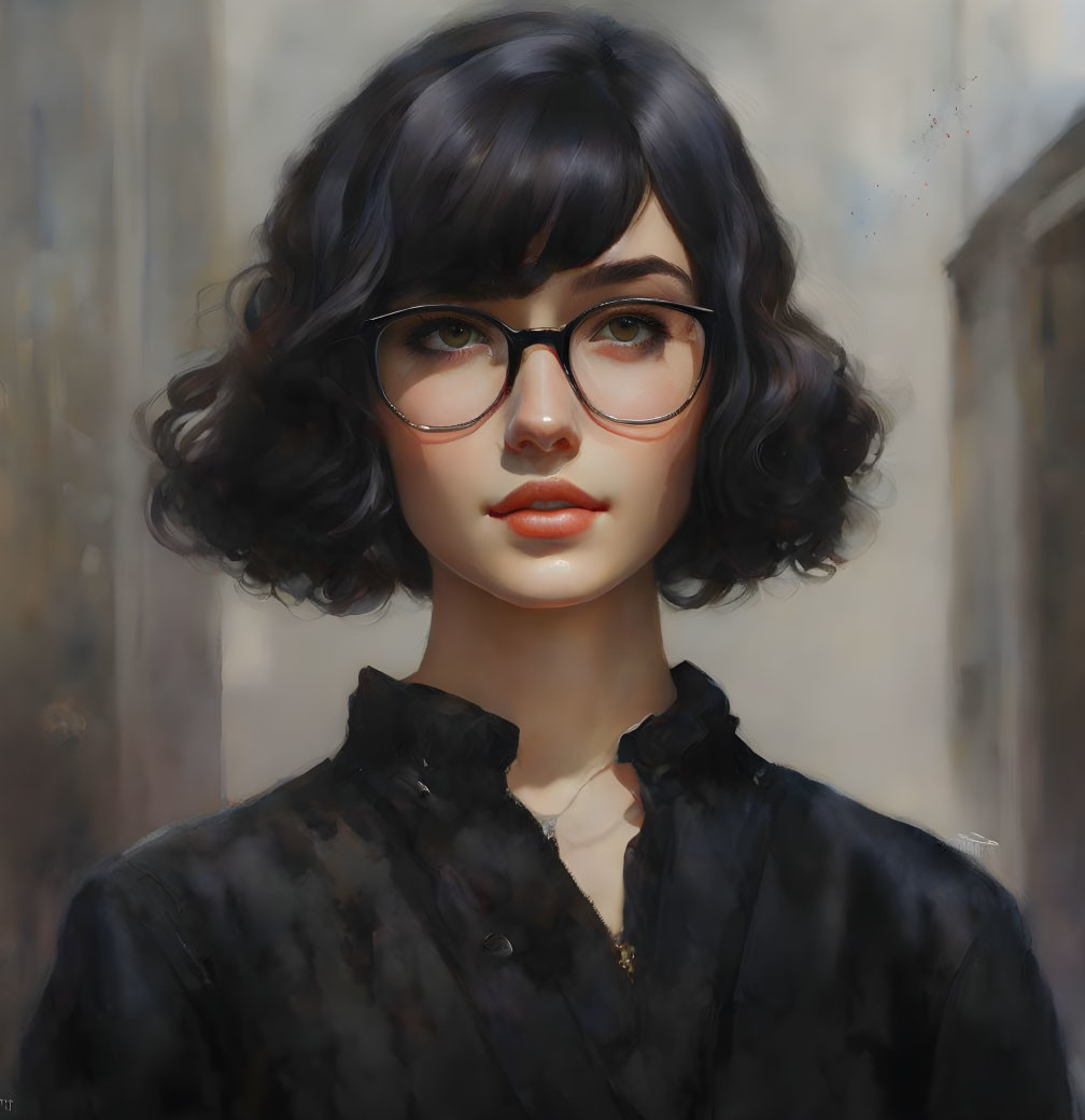 Woman with Short Curly Black Hair and Glasses in Black Blouse