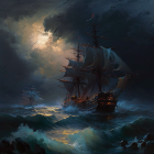 Sailing ship in stormy ocean under haunting sky