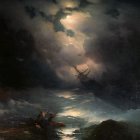 Dramatic painting of tumultuous ocean waves under dark clouded sky