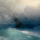 Sailing ship in stormy seas at sunset with fiery lights and crashing waves