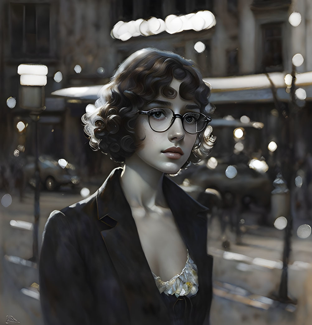 Stylized portrait of young woman with curly hair and glasses in urban night scene