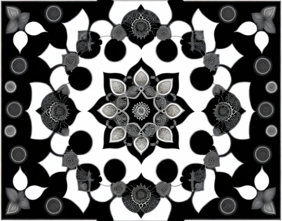 Monochrome kaleidoscopic floral and circular motifs on black background