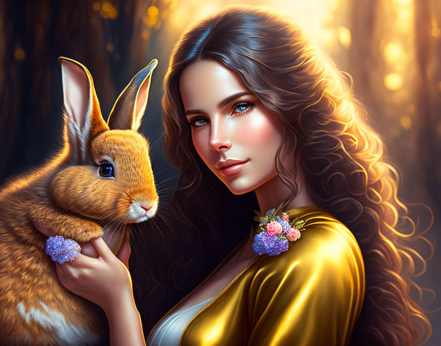 Digital artwork of woman with long hair in golden dress holding rabbit in forest setting