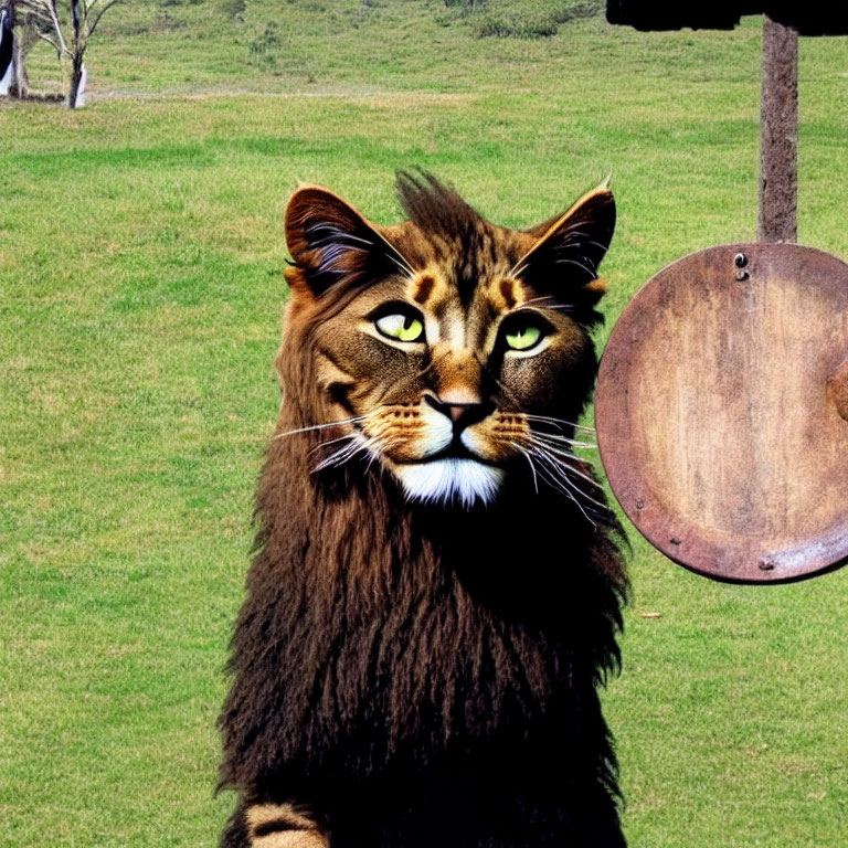 Surreal lion-human hybrid in grassy field with signpost