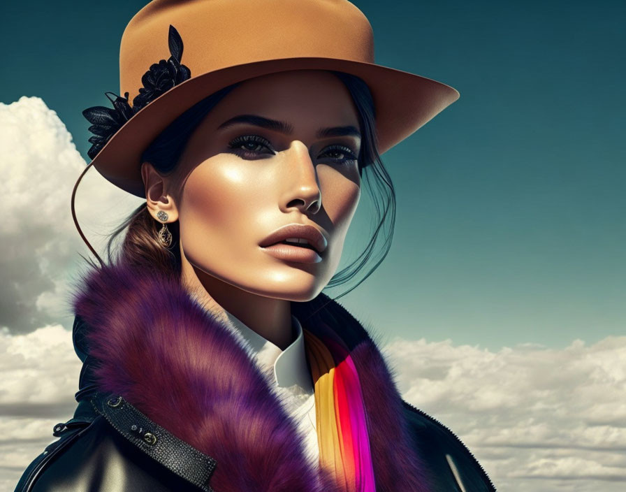 Woman in stylish hat and coat with colorful fur collar against cloudy sky.