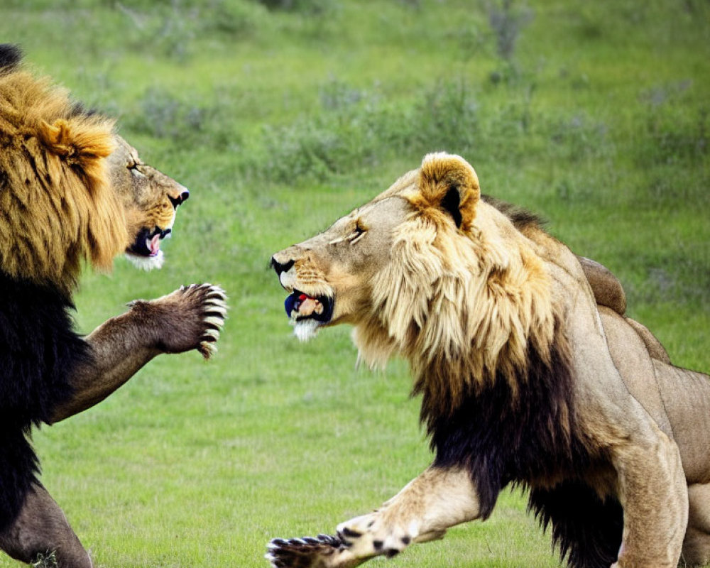 Male Lions Roaring and Showing Teeth in Grass Field