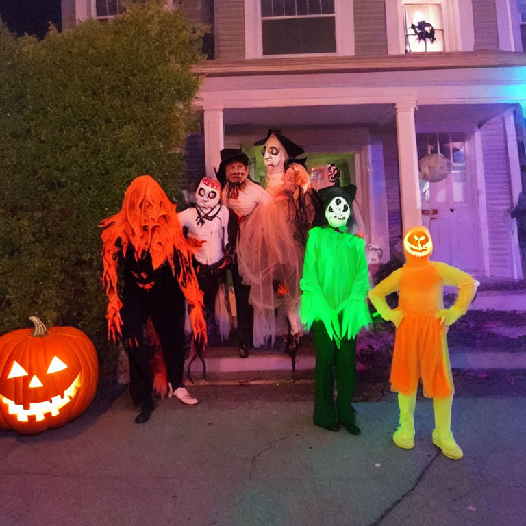 Colorful Halloween Costumes with Jack-o'-lantern and Monsters