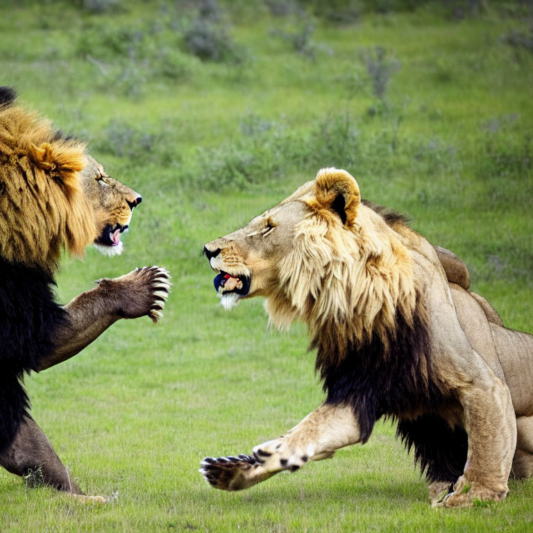 Male Lions Roaring and Showing Teeth in Grass Field