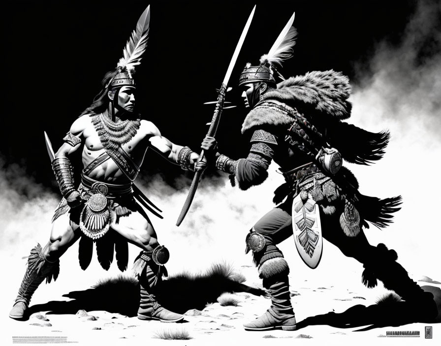 Native American warriors duel in black and white illustration